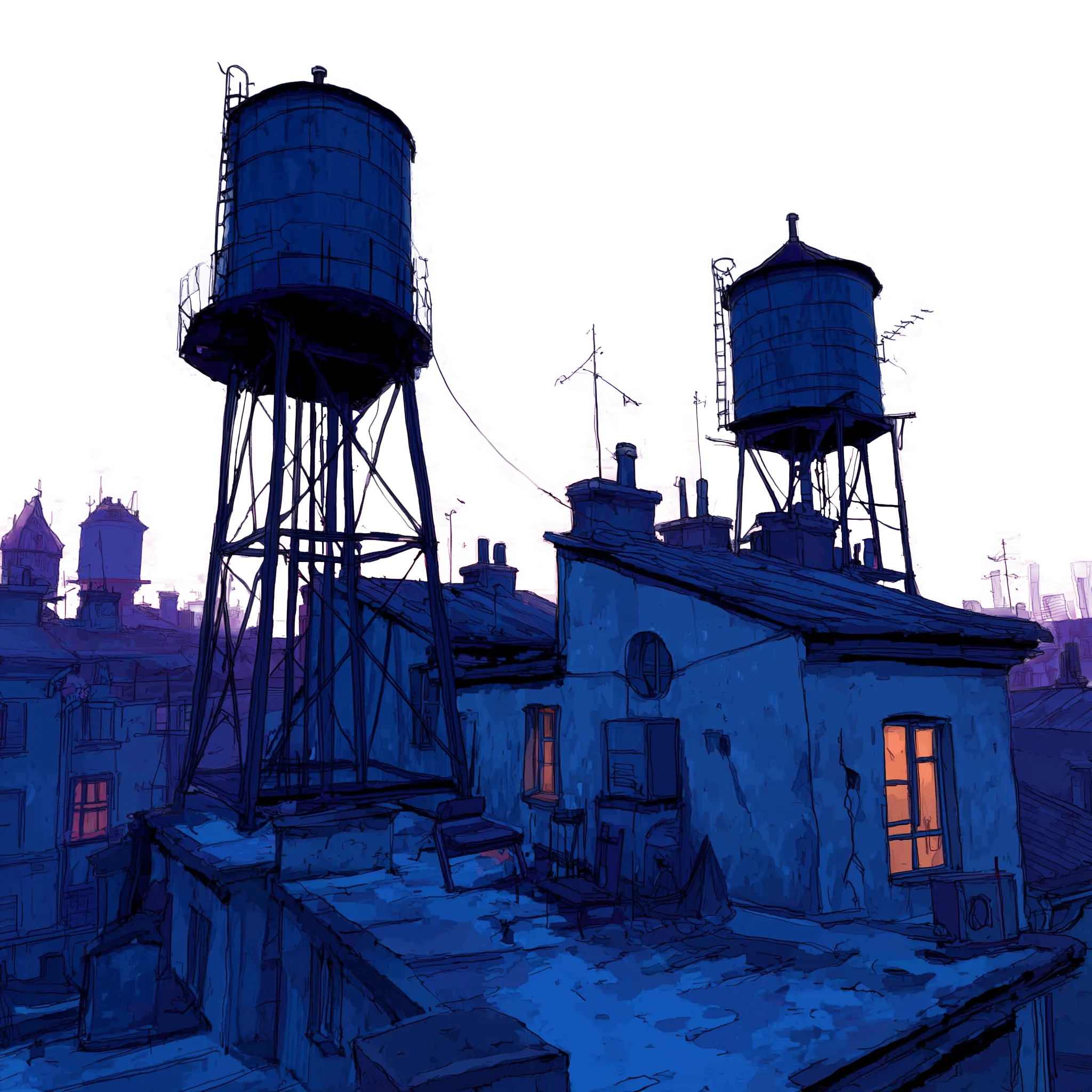 Rooftop at dawn with water towers