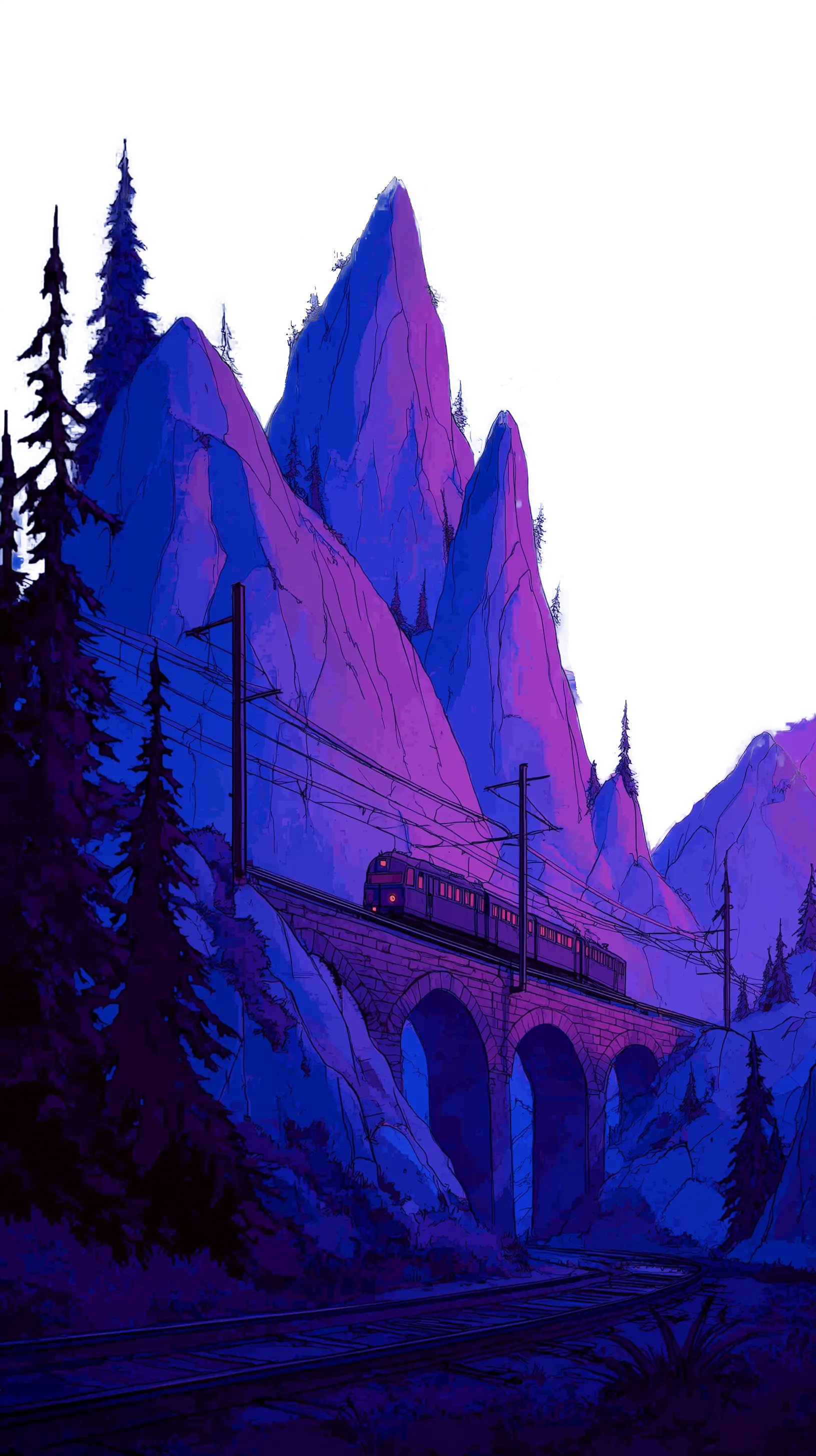 Mountain landscape with stone bridge and evergreen trees